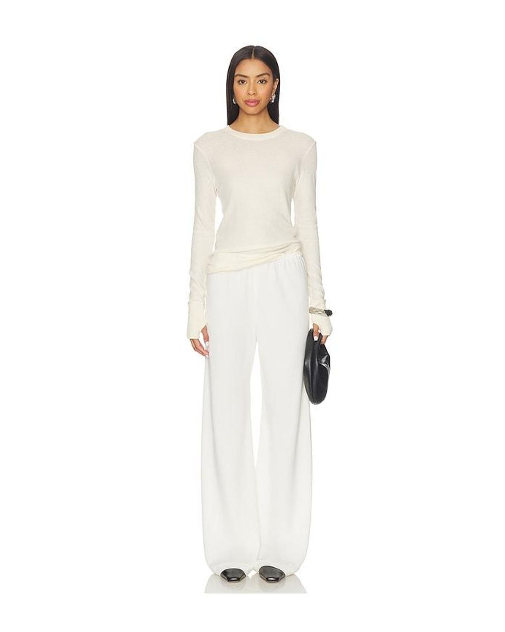 Enza Costa White Cashmere Easy Cuffed Crew Top