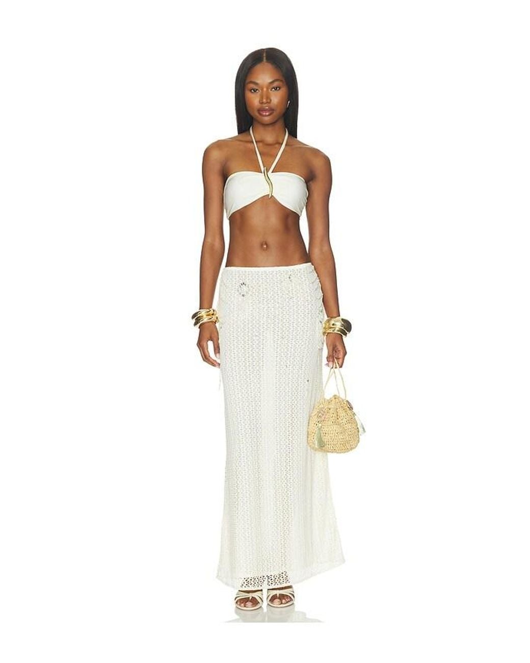 PATBO White Pearl Mesh Long Skirt
