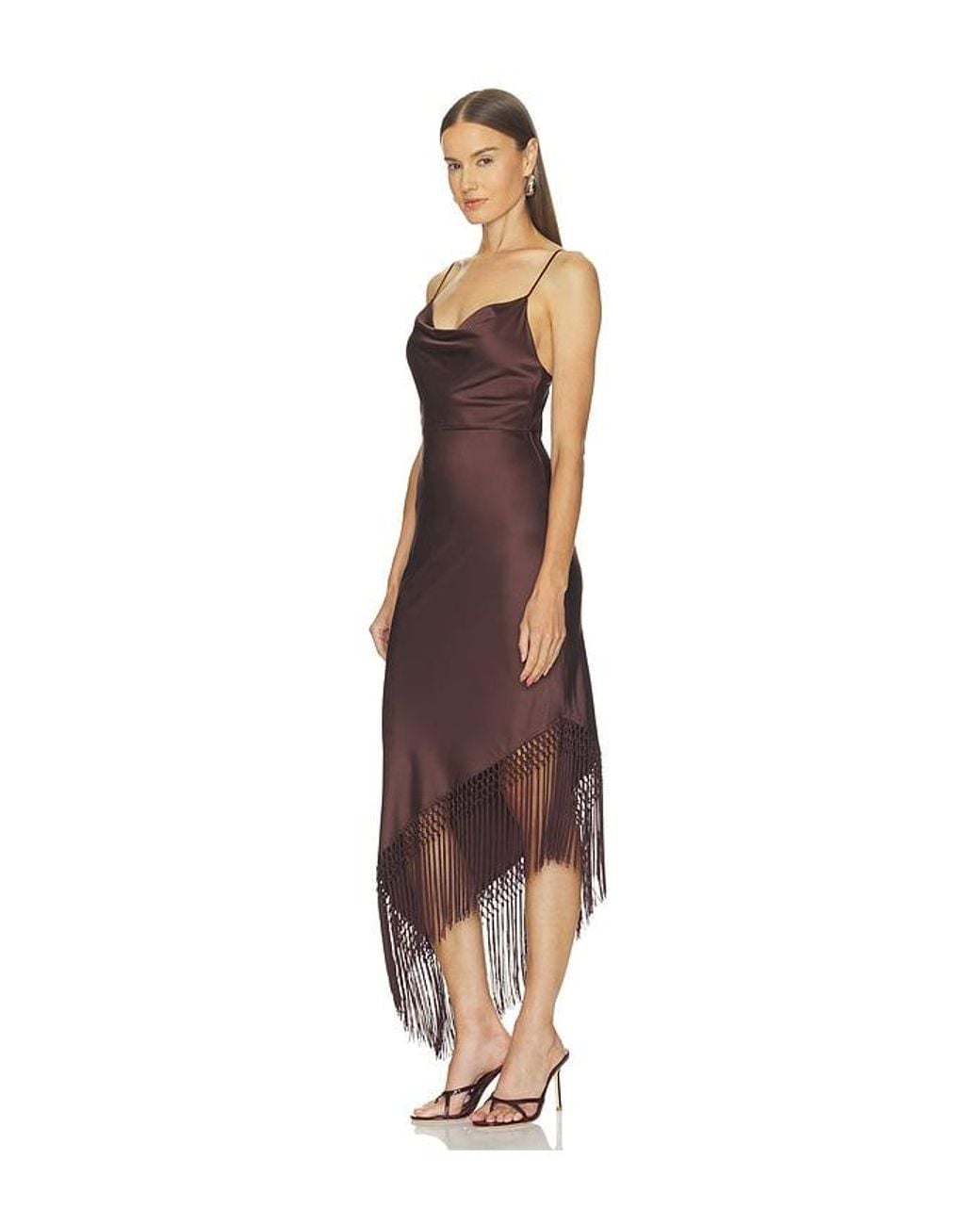 Alice + Olivia Brown Harmony Drapey Slip Asymmetrical Midi Dress With Fringe