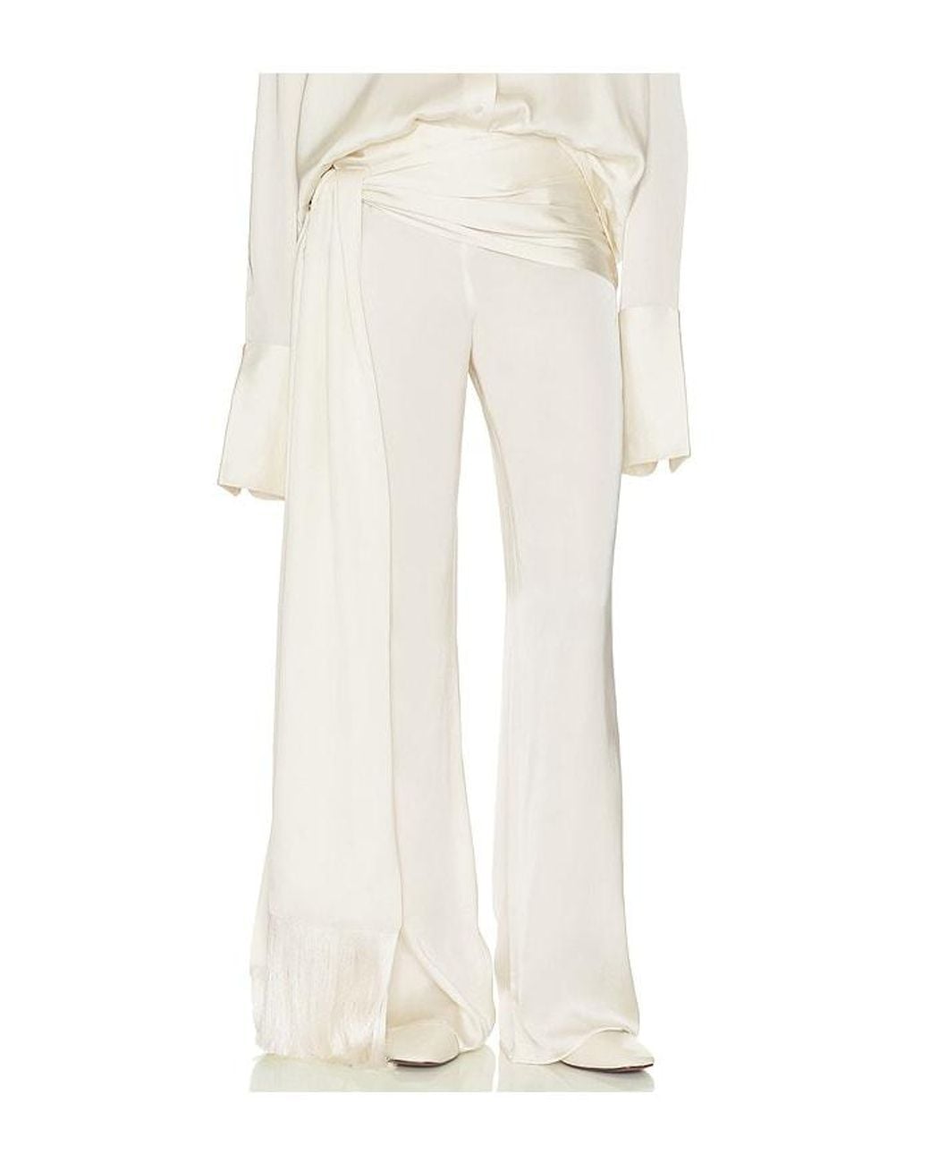 Helsa White Satin Pants With Tie And Fringe