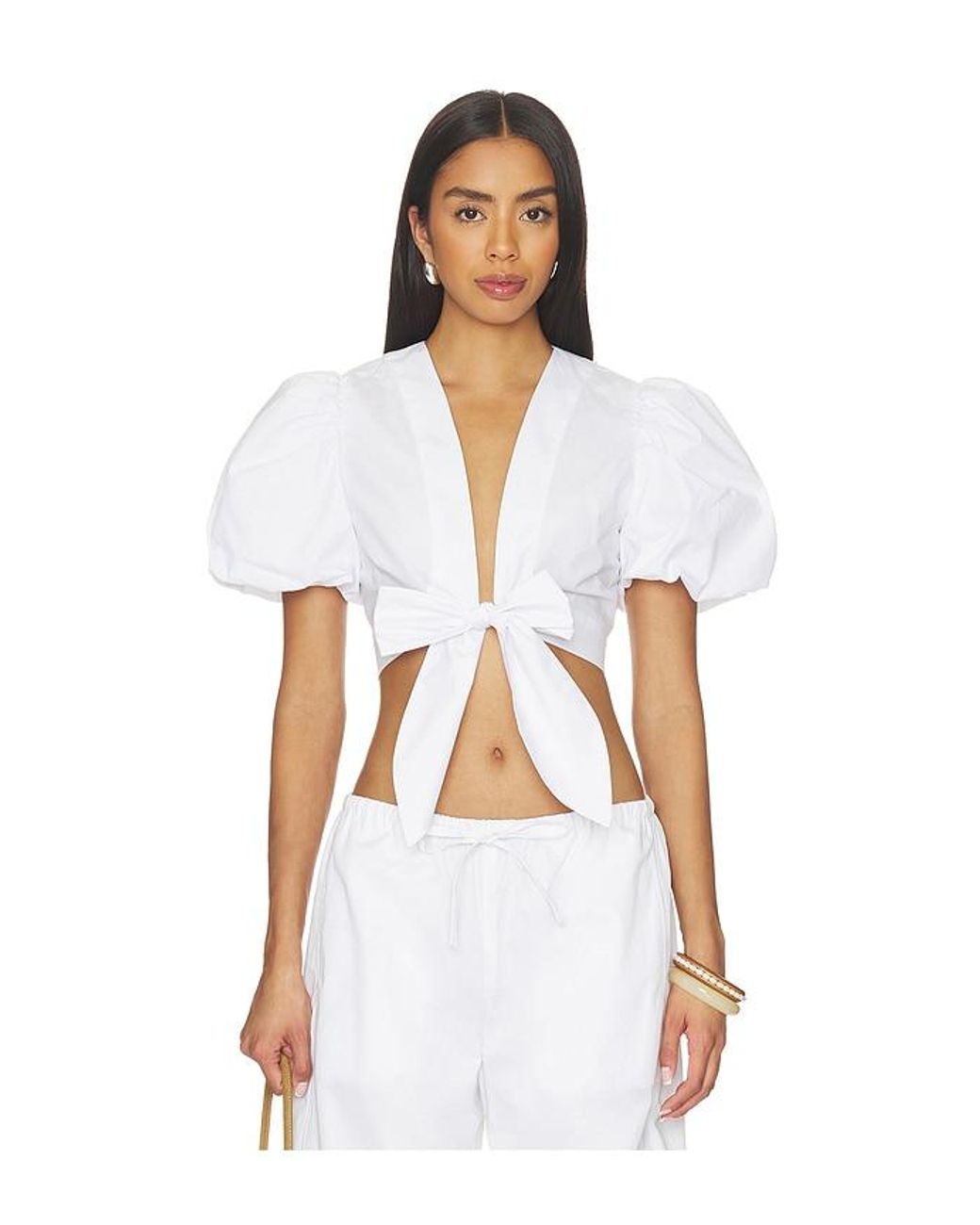 Susana Monaco White Poplin Bubble Sleeve Tie Front Top