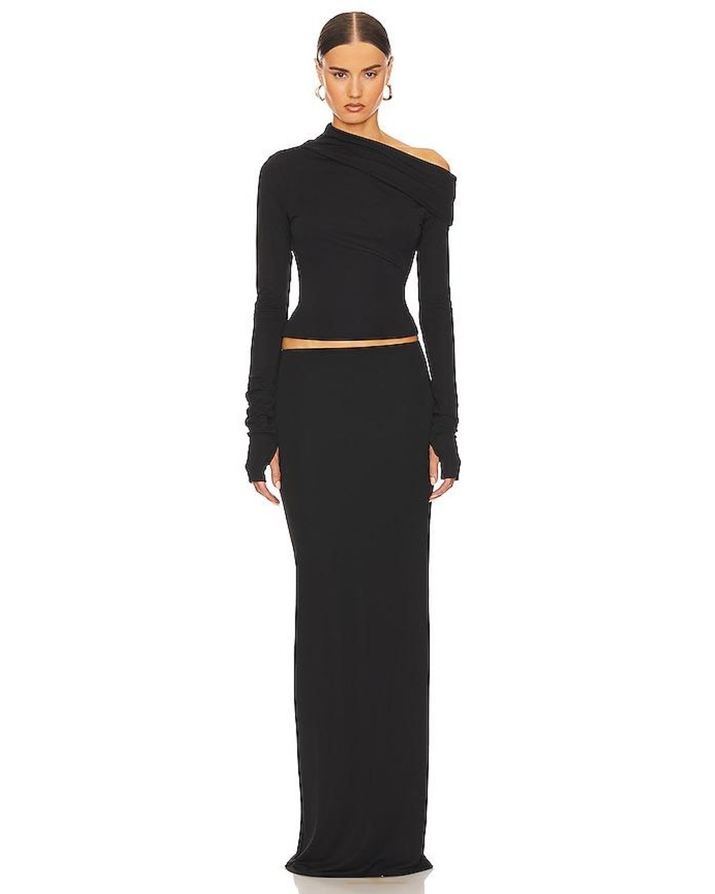Helsa Black Matte Jersey Drape Shoulder Top