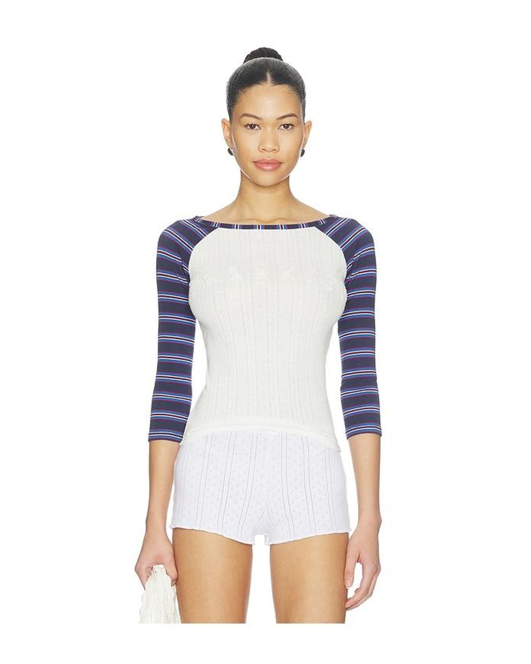 Frankie's Bikinis White Game Day Pointelle Baseball Tee