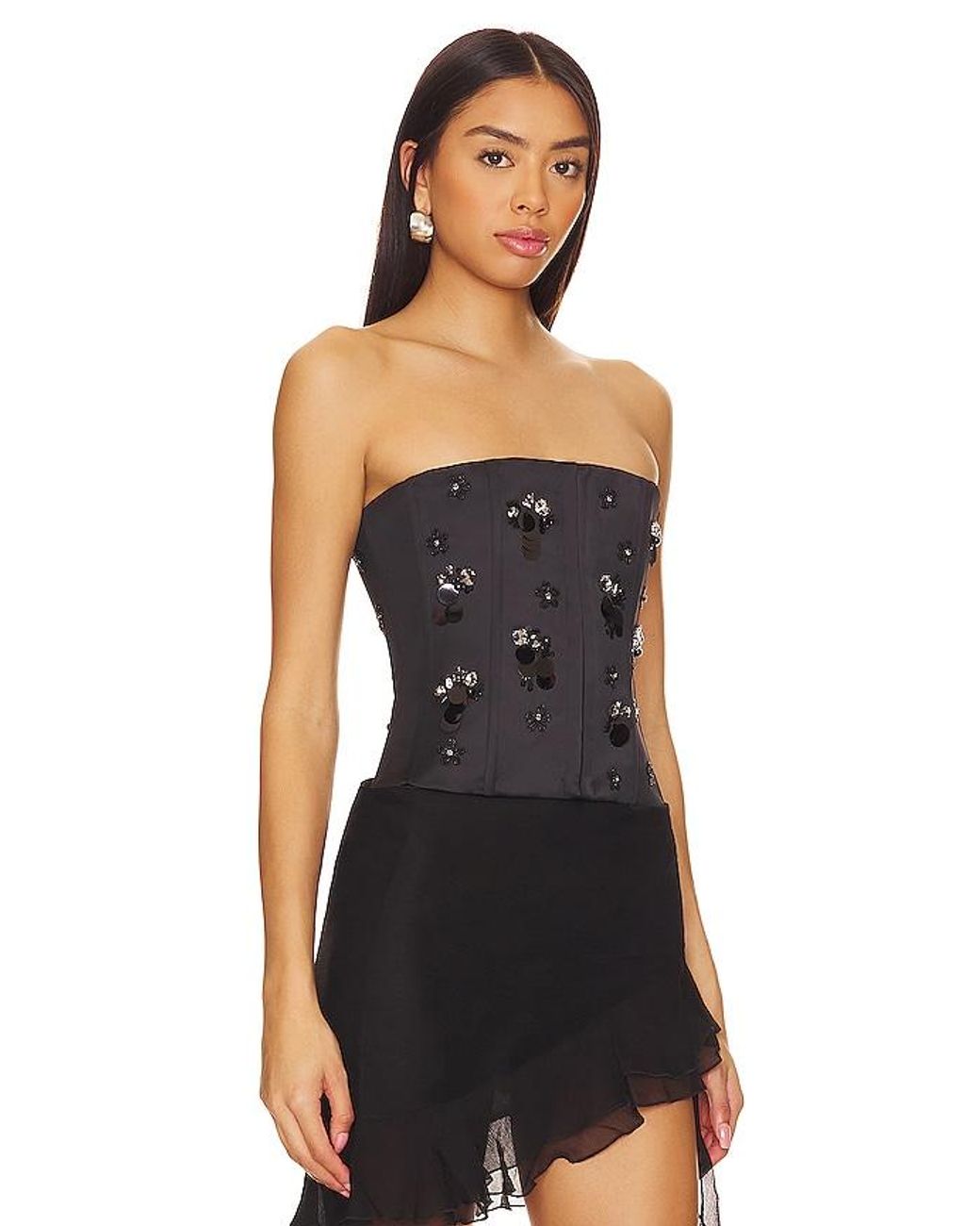GUIZIO Black Embellished Satin Corset