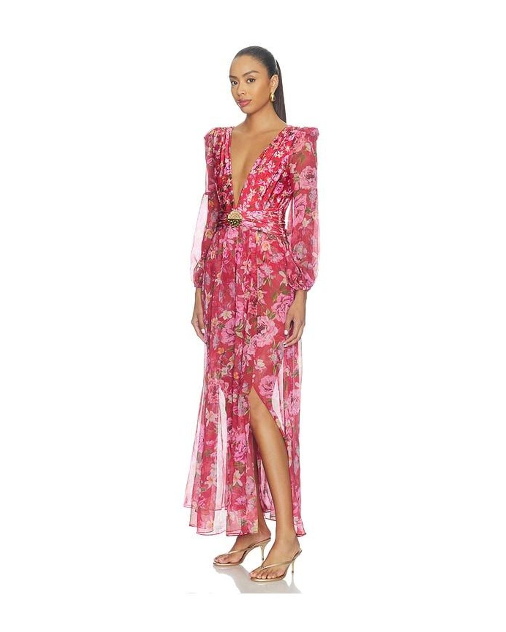 PATBO Red Peony Print Plunge Maxi Dress