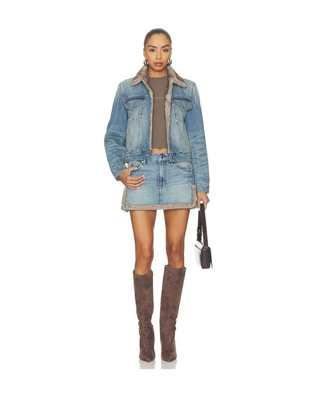 Alexander Wang Blue Denim Mini Skirt With Faux Mink Trim