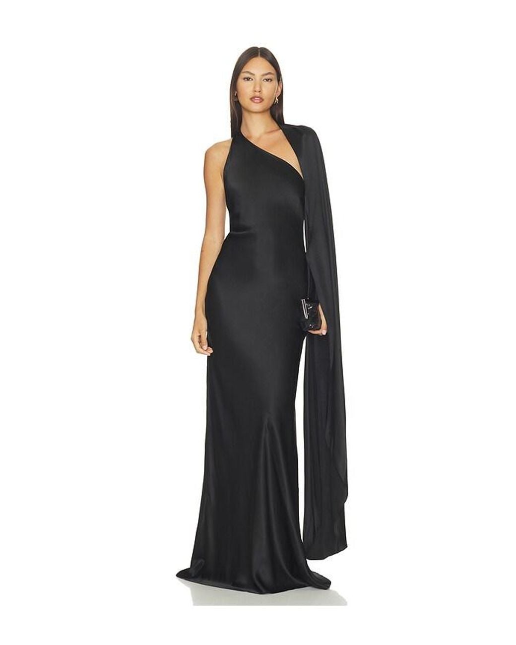 The Sei Black Drape Sleeve One Shoulder Gown