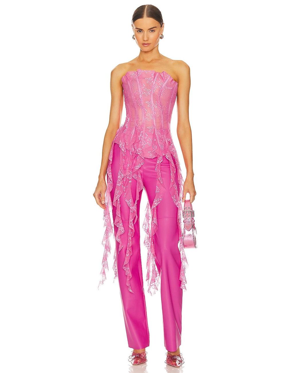 Poster Girl Calamity Corset Top Stretch Lace Ruffle Corset in Pink Lyst