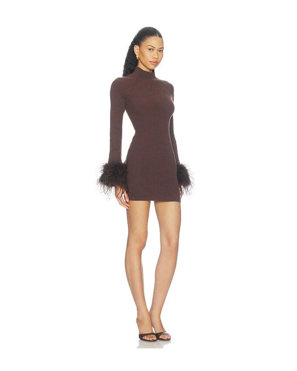Lovers + Friends Brown Jaymie Feather Mock Neck Dress