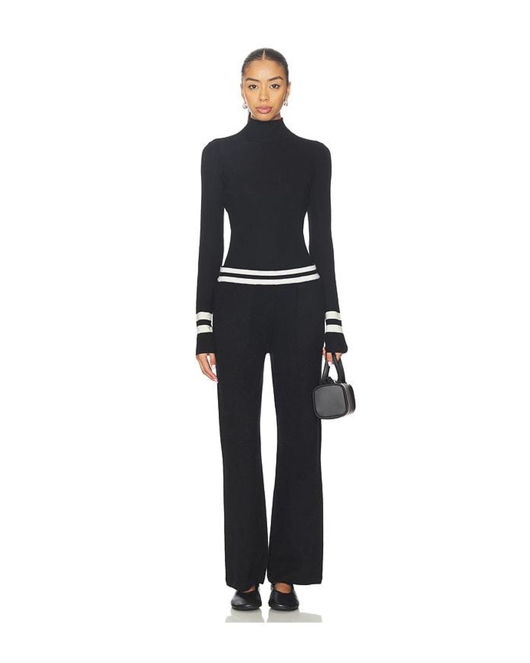 White + Warren Black Superfine Merino Striped Fitted Turtleneck