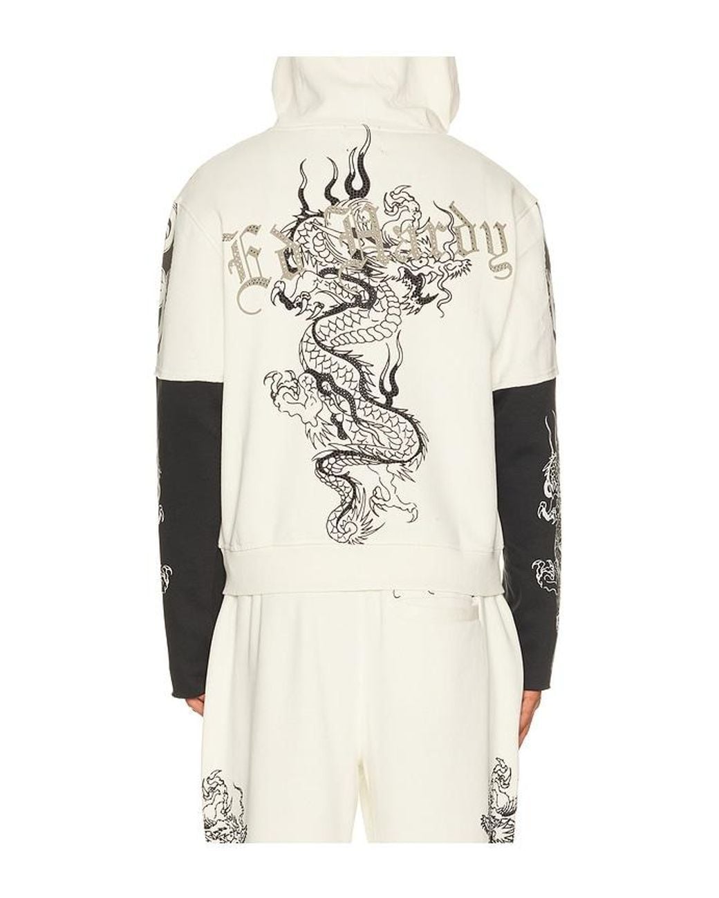 Ed Hardy White Japan Lion Rhinestone Hang Hoodie for men