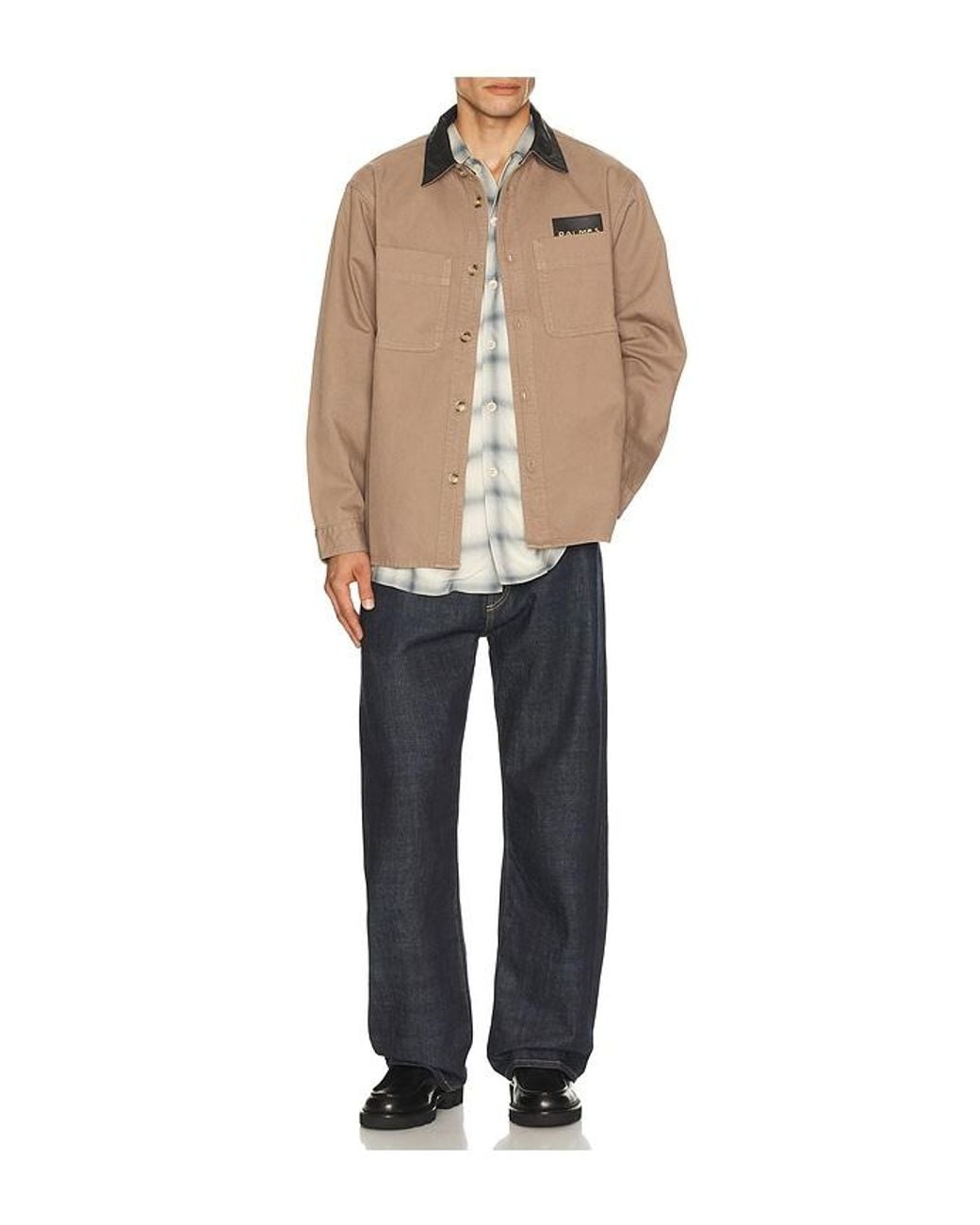 Palmes Blue Twill Leather Collar Overshirt for men