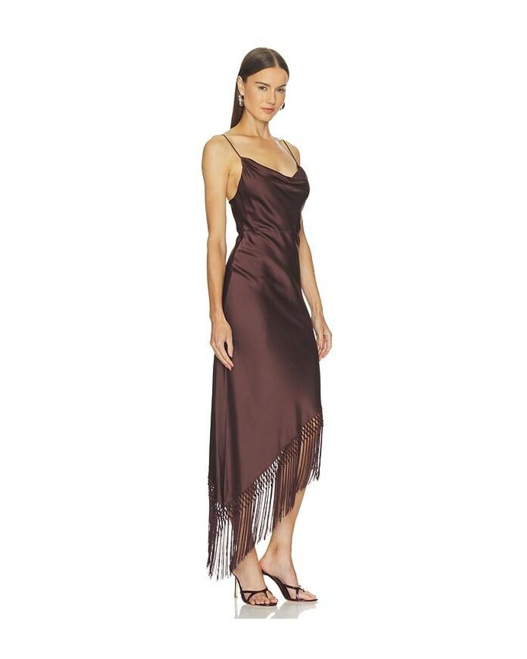 Alice + Olivia Brown Harmony Drapey Slip Asymmetrical Midi Dress With Fringe