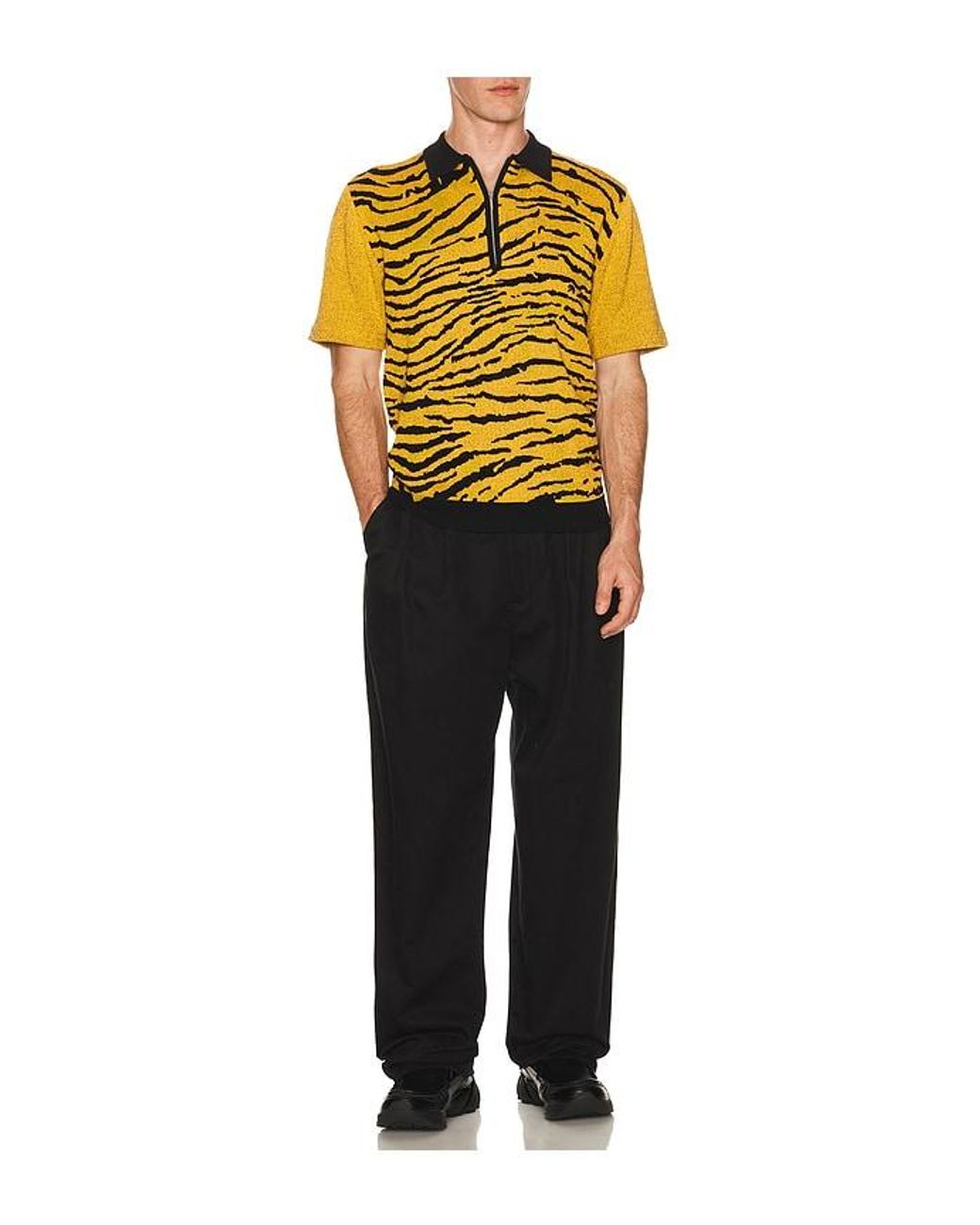 Beams Plus Orange Half Zip Knit Polo Animal Jacquard for men
