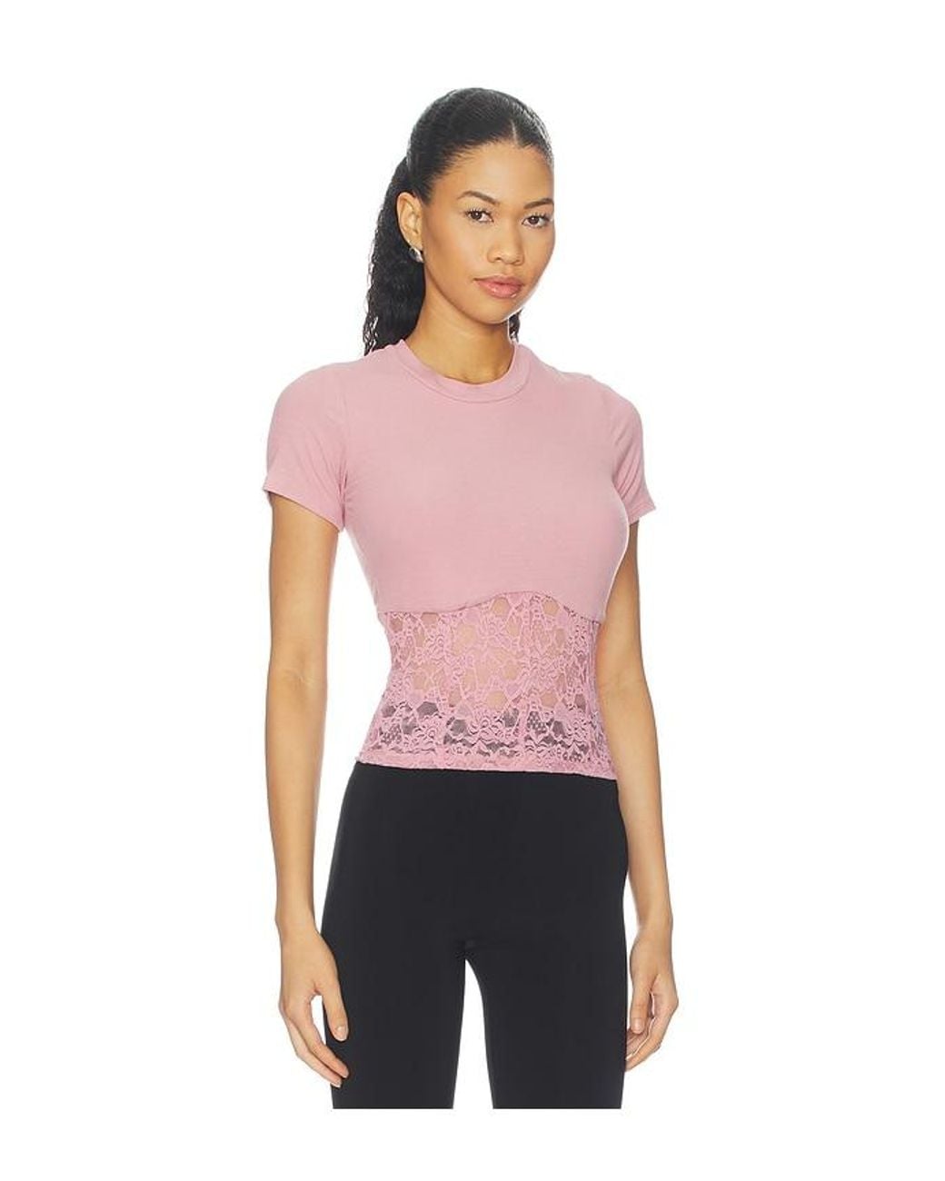 Michael Lauren Multicolor Ember Rib Lace Short Sleeve Tee