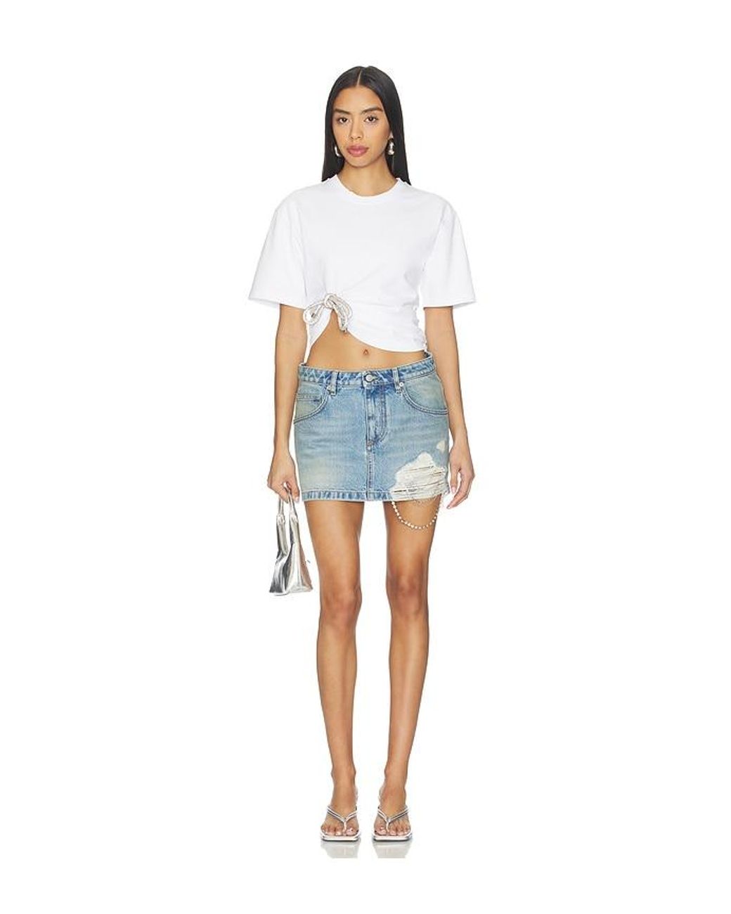 Area Blue Crystal Fray Denim Mini Skirt