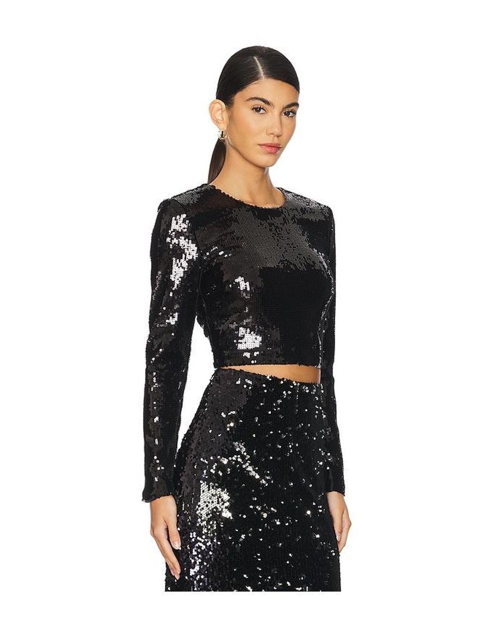 L'Agence Black Rogan Crop Sequin Long Sleeve Top