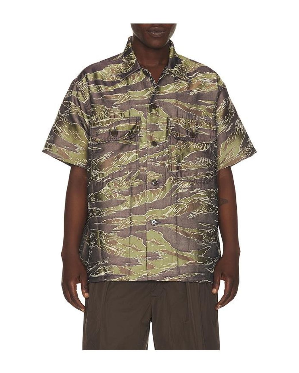 Beams Plus Brown Mil-Sht Tiger Stripe Mesh Jacquard for men