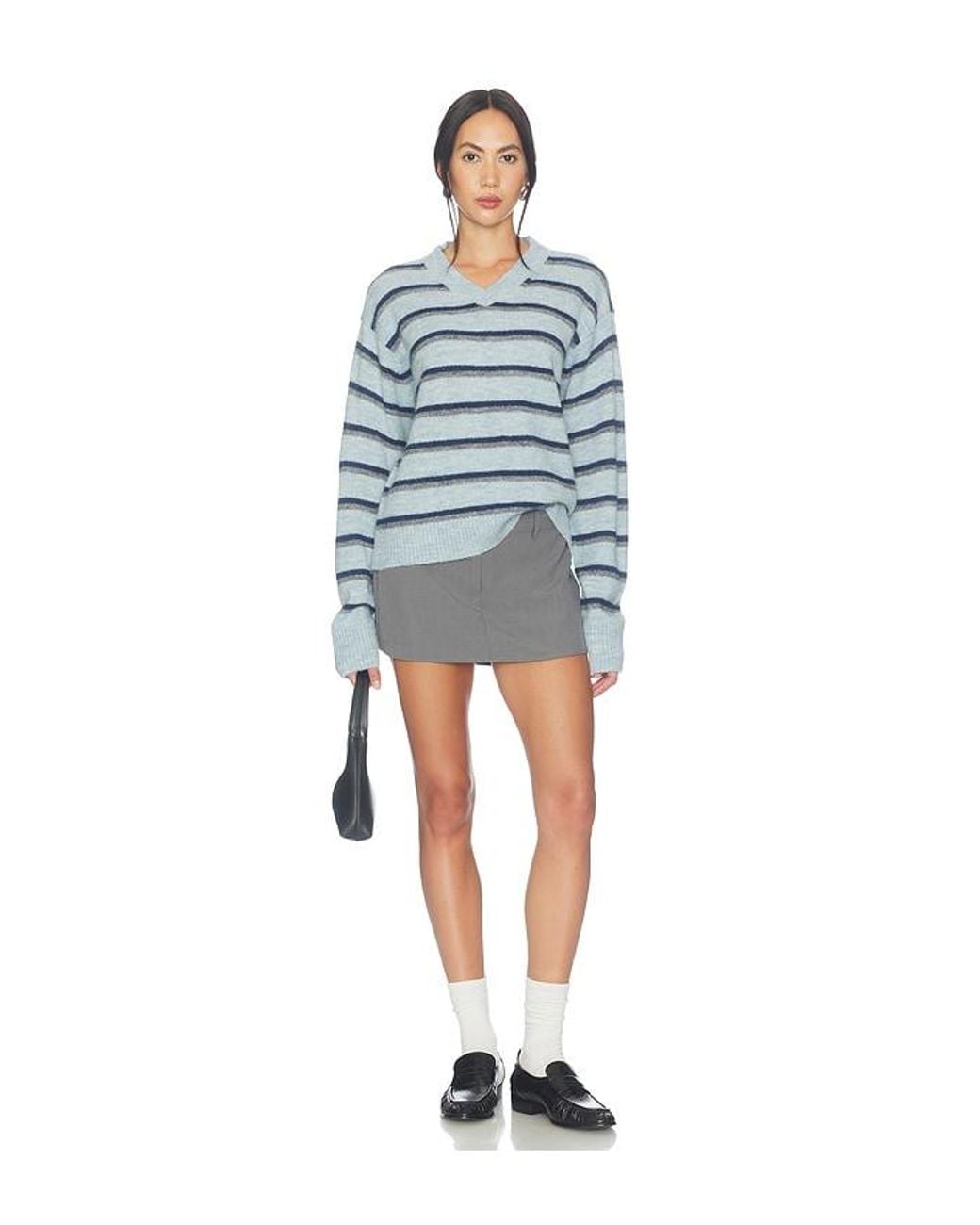 Lovers + Friends Blue Lindy Striped V-Neck Sweater