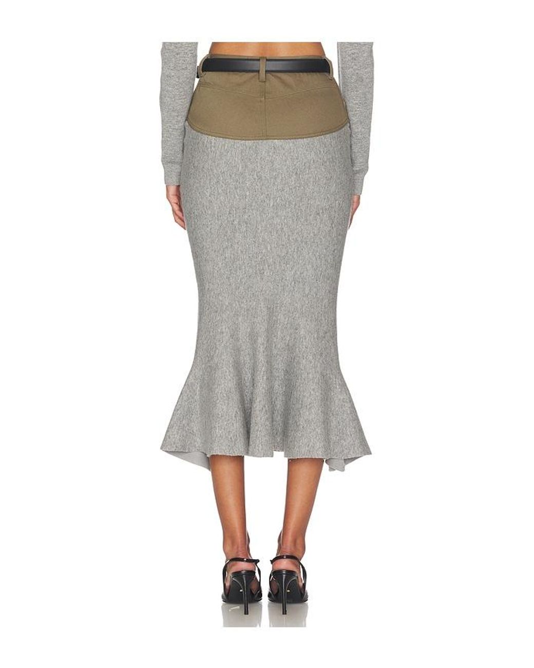 Self-Portrait Gray Knit Khaki Denim Insert Midi Skirt