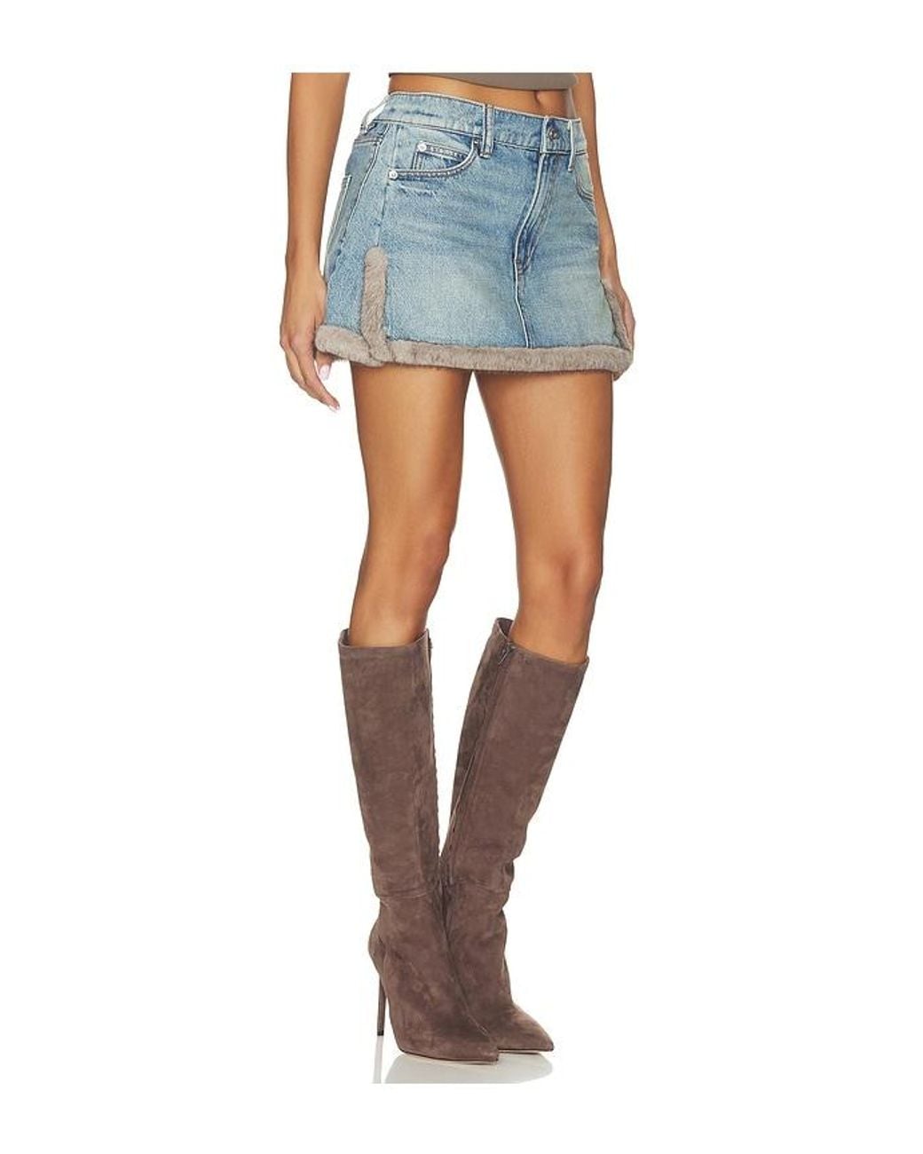Alexander Wang Blue Denim Mini Skirt With Faux Mink Trim