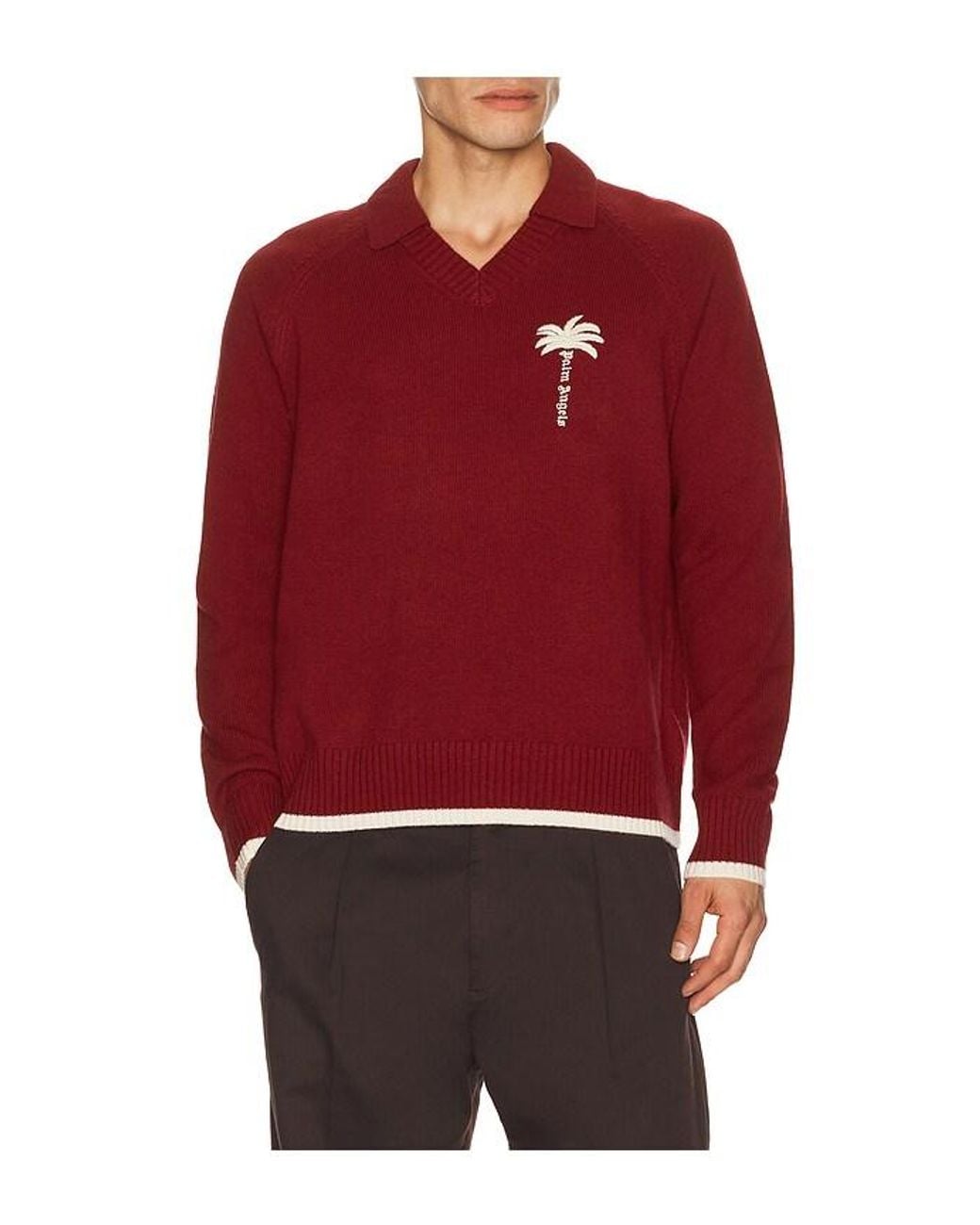 Palm Angels Red Palm Tree Knit Loose V Neck Polo for men