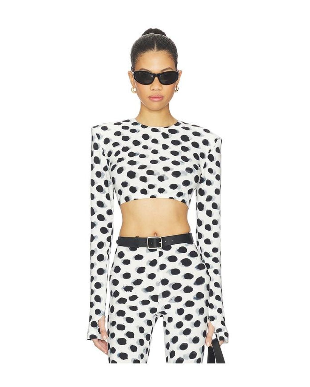 Norma Kamali White Cropped Long Sleeve Shoulder Pad Top
