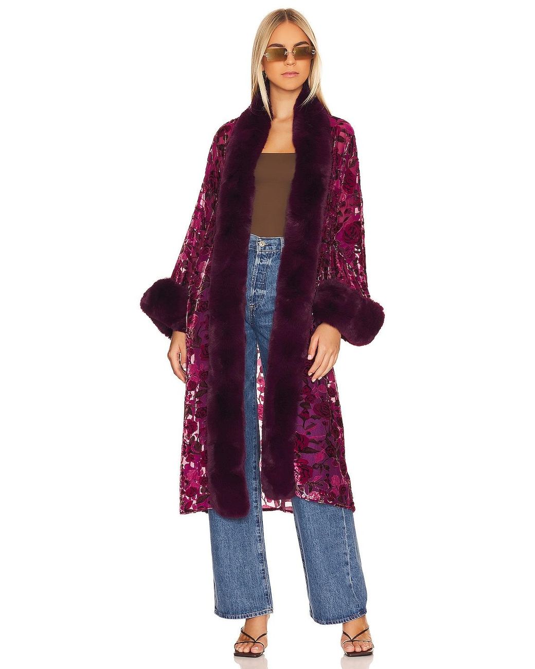 Adrienne Landau Burnout Velvet Faux Fur Coat in Red | Lyst