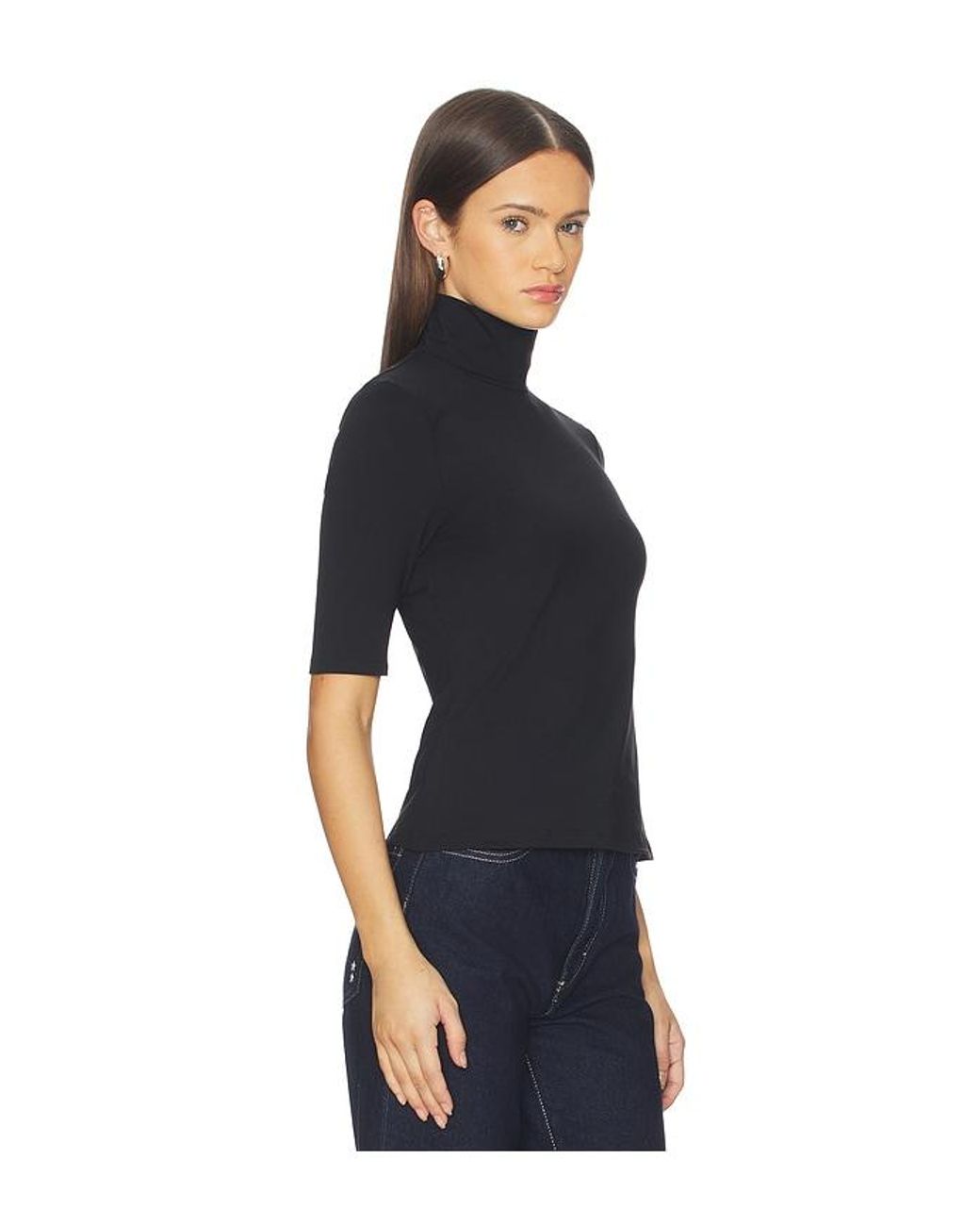 Susana Monaco Black Mock Neck Elbow Sleeve Top