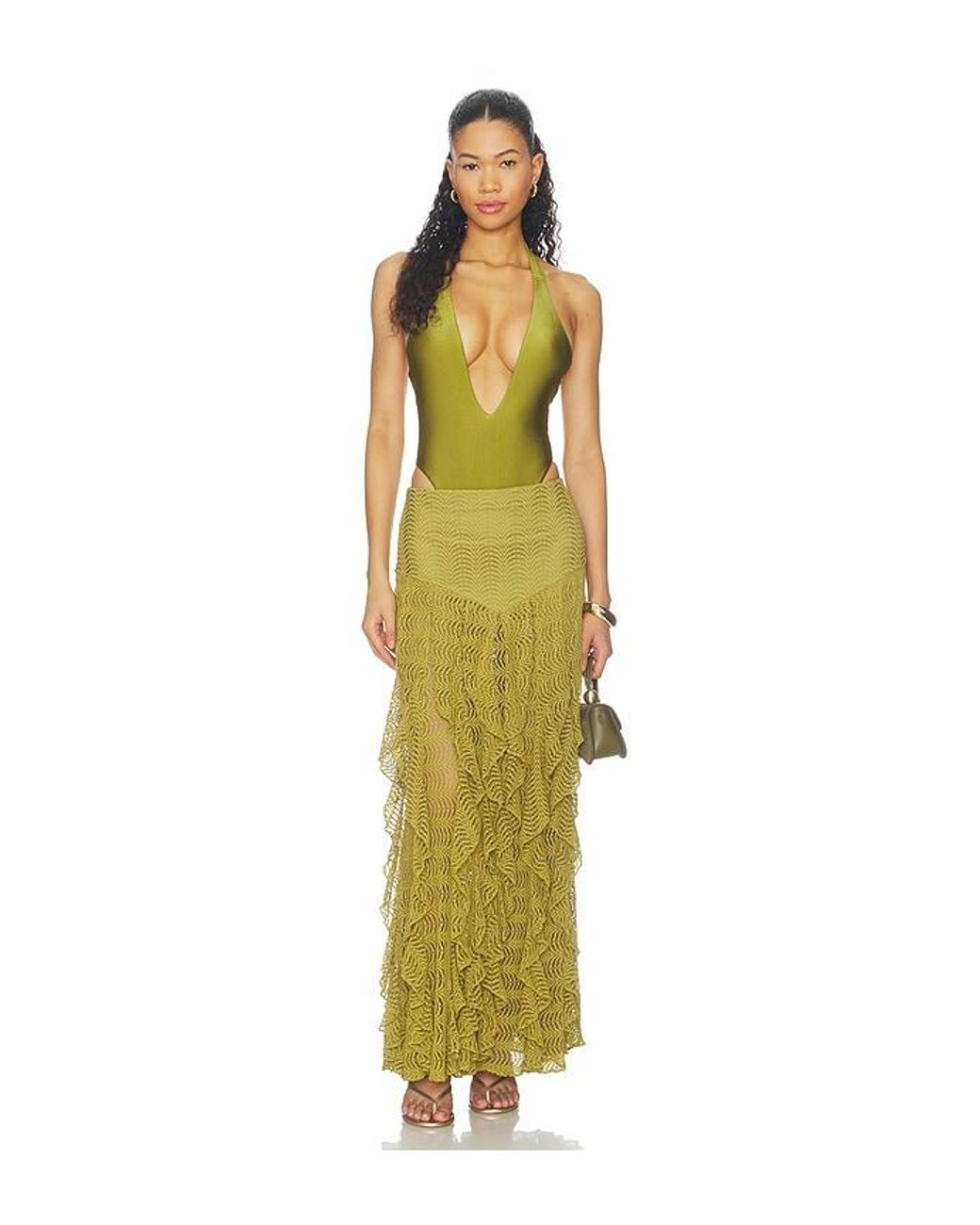 PATBO Green Petal Sheen Mesh Maxi Skirt