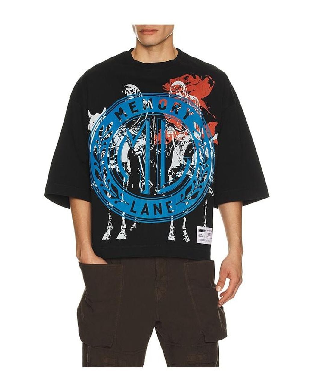 Memory Lane Blue Layered Icons Crop Tee for men