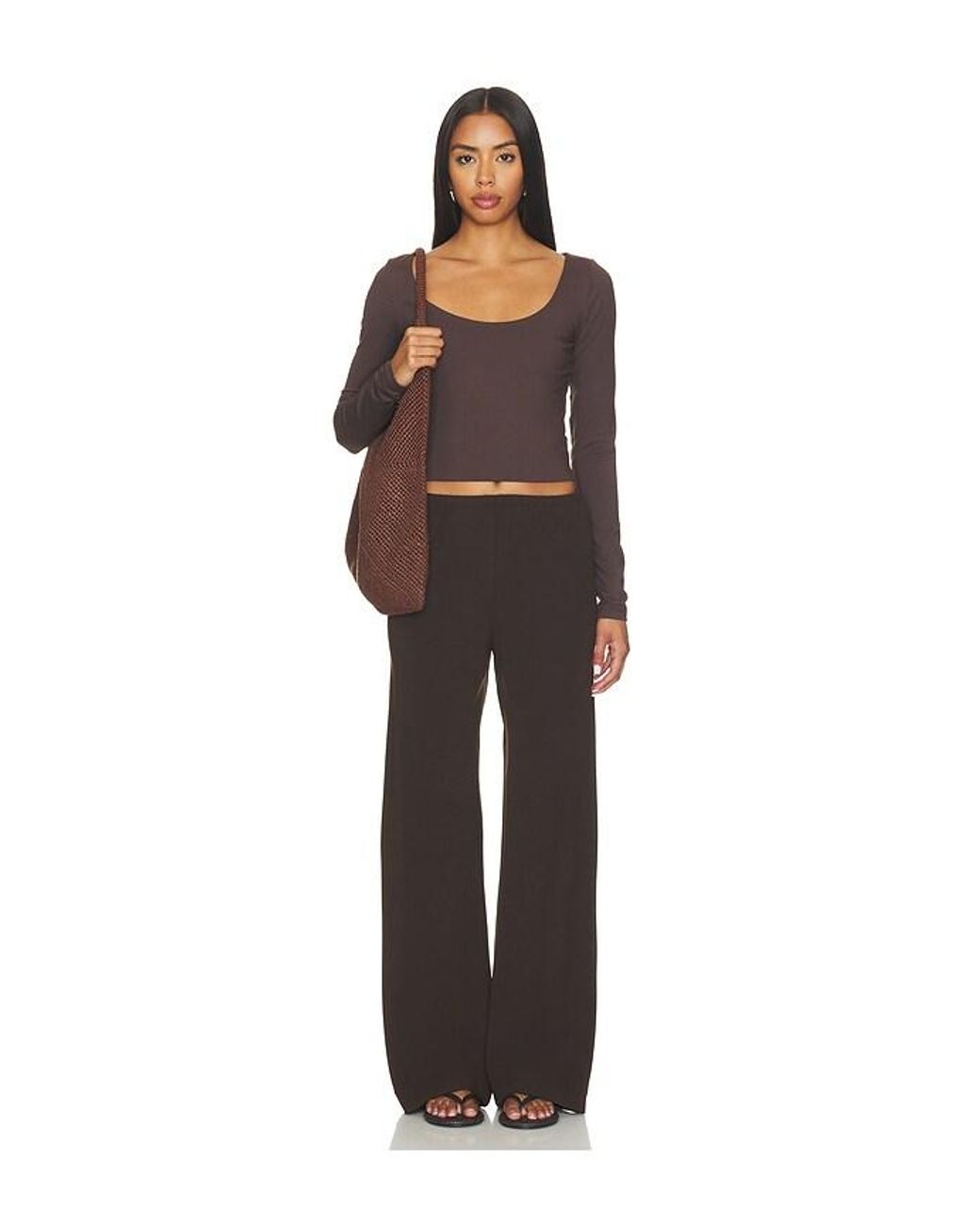 Susana Monaco Brown Essential Scoop Front Long Sleeve Top