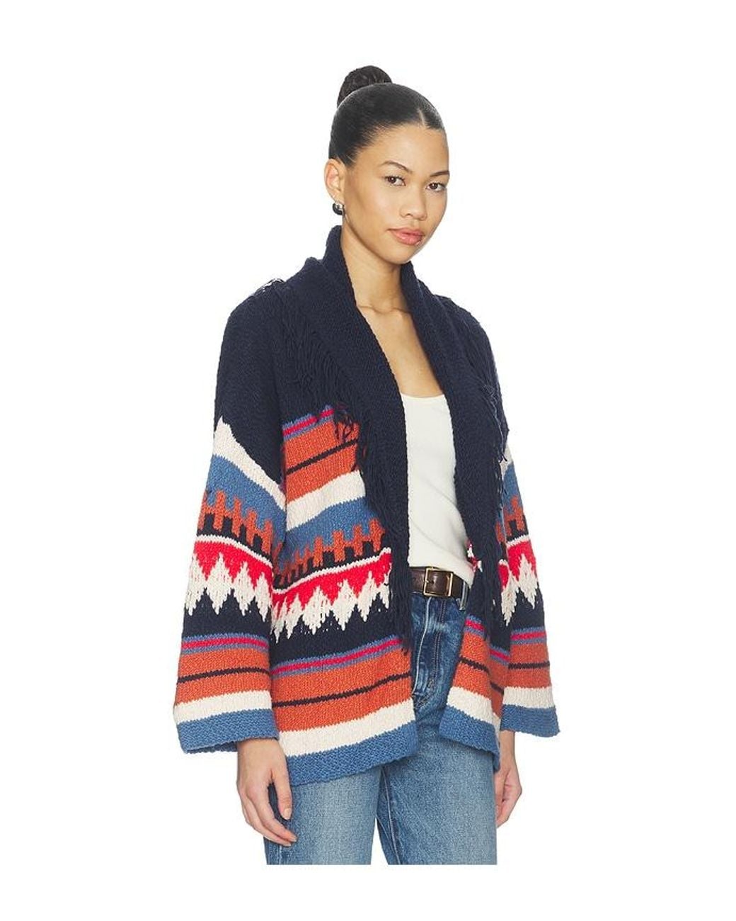 Autumn Cashmere Blue Southwest Fringe Shawl Collar Wrap