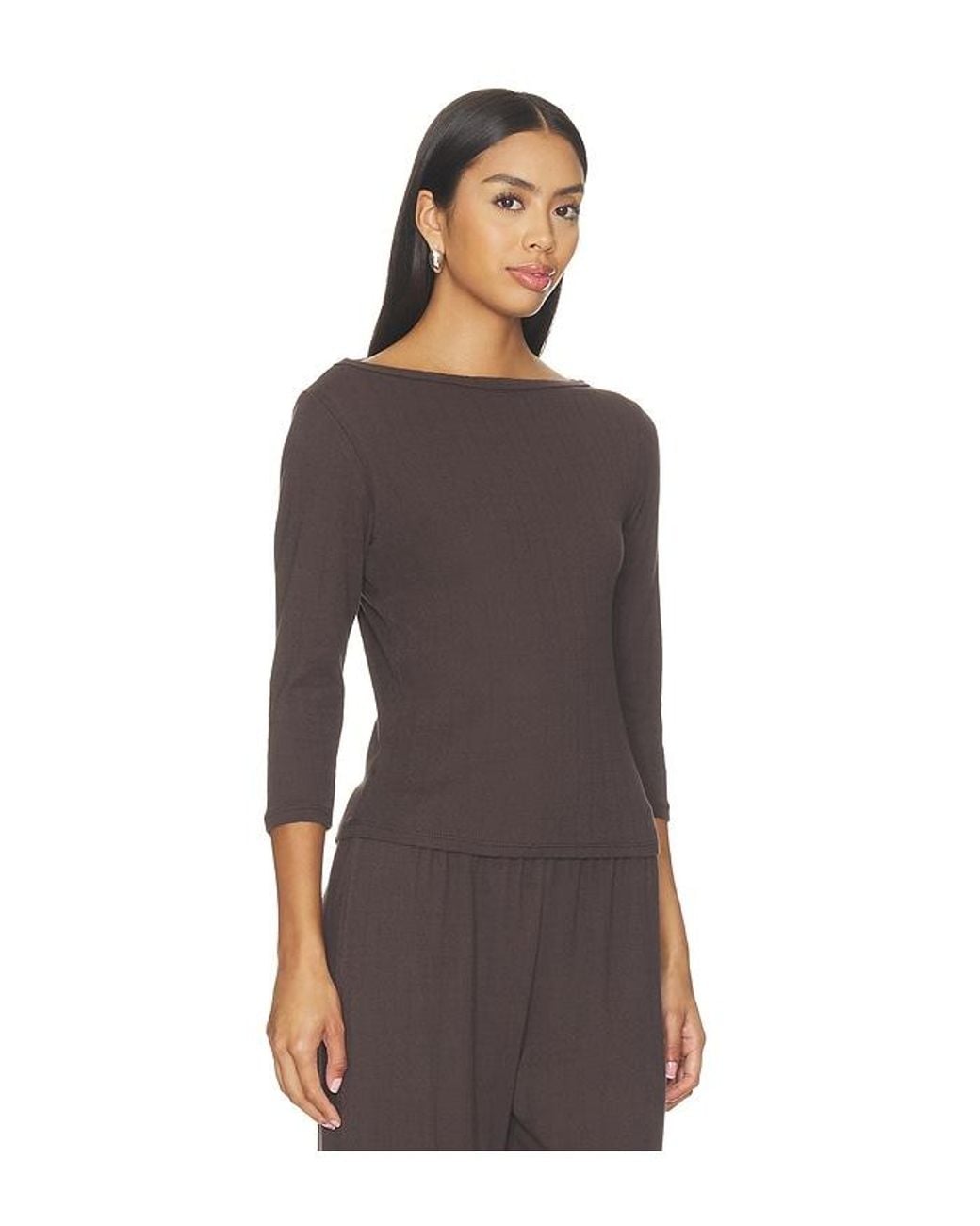 VIR VITA Brown Florence Boatneck Pointelle Top