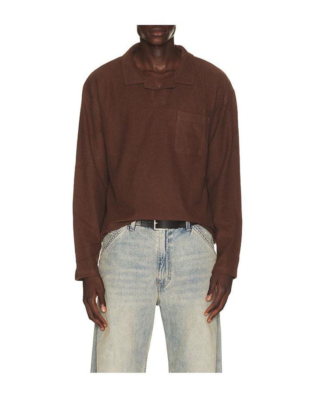 Rhythm Brown Vintage Terry Long Sleeve Polo for men