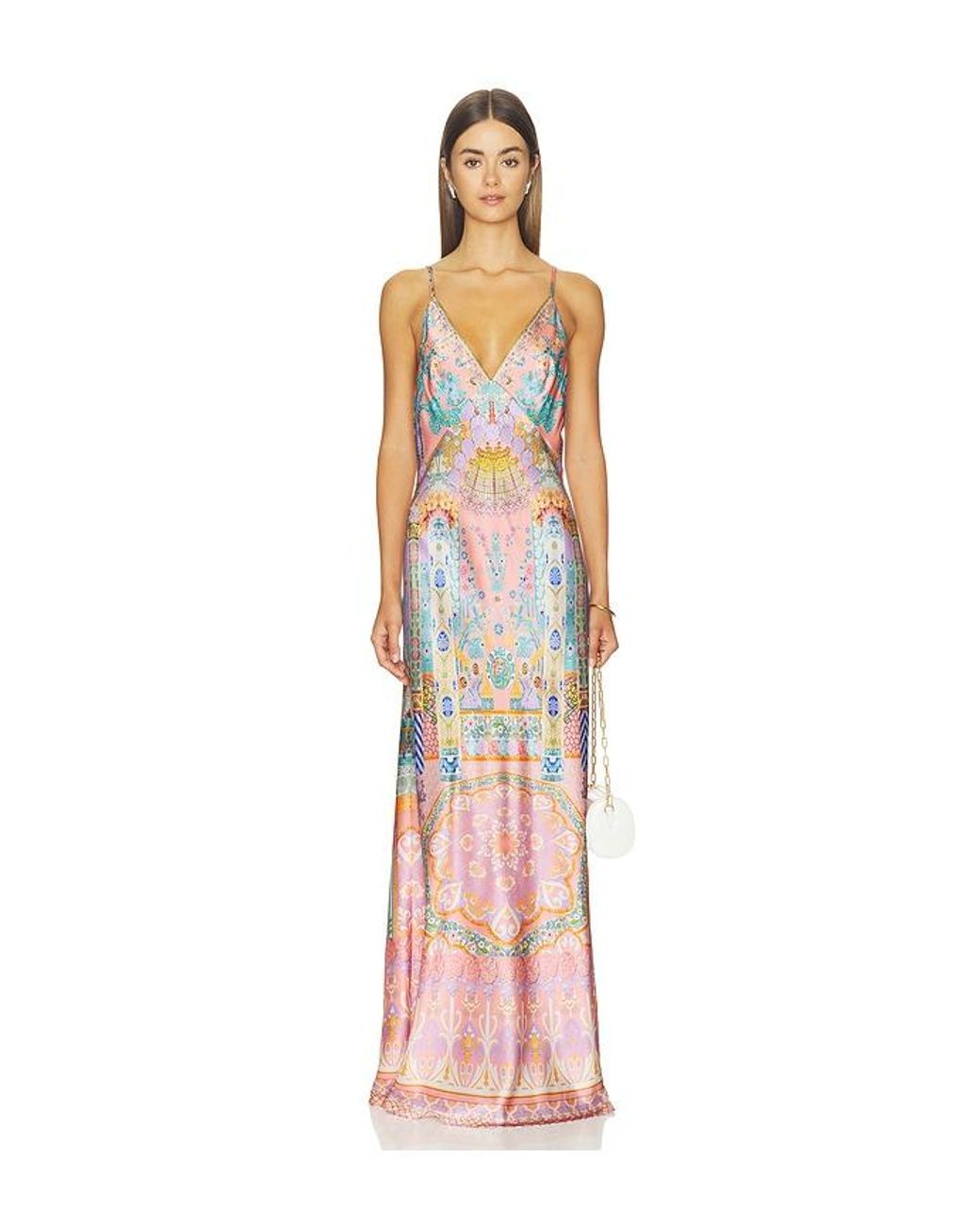 Camilla White V Neck Full Length Bias Slip Dress