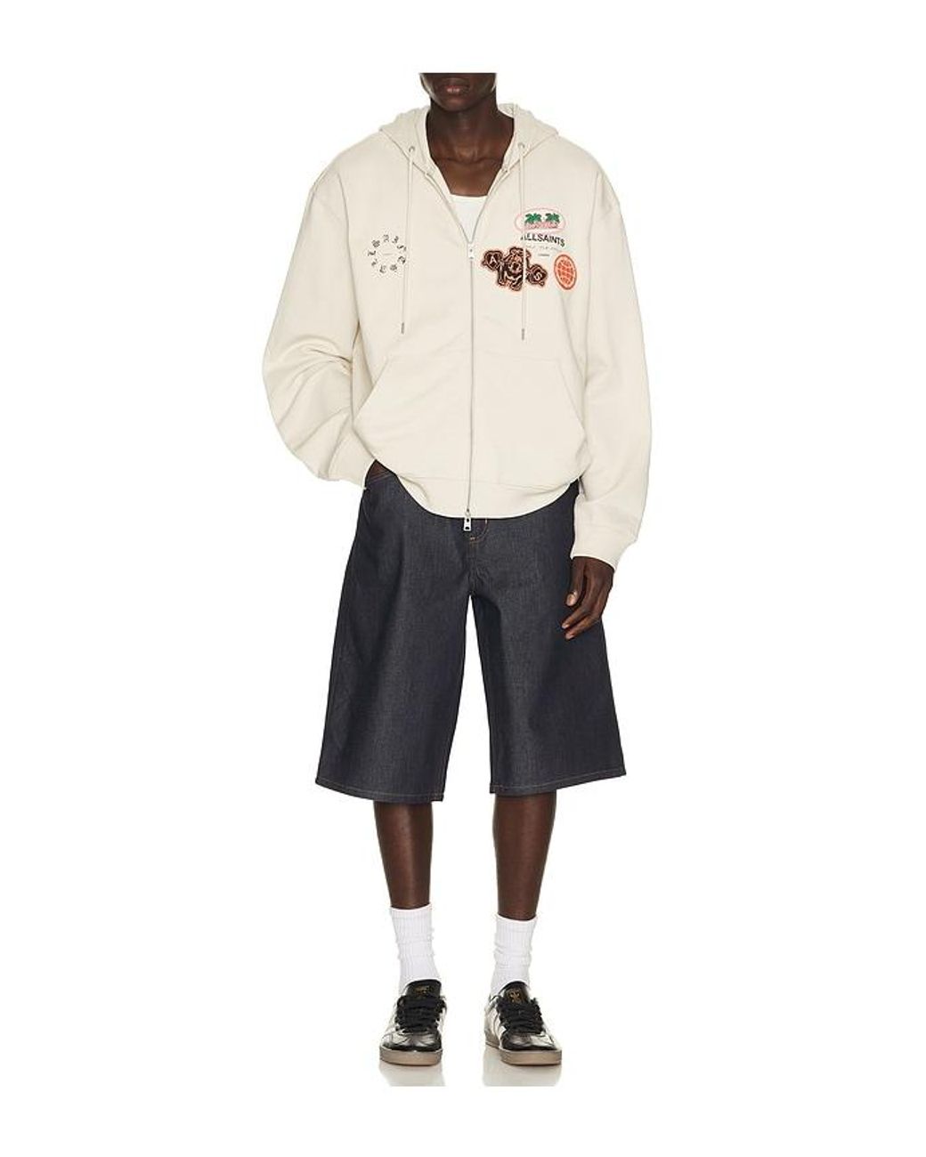 AllSaints White Patcher Zip Through Hoodie for men