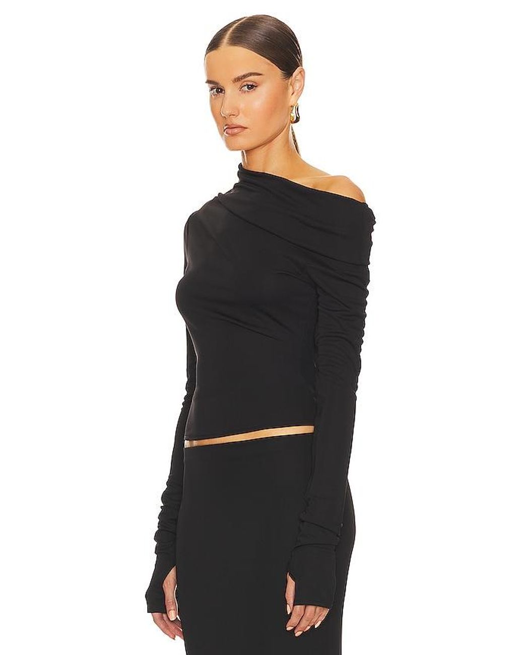 Helsa Black Matte Jersey Drape Shoulder Top