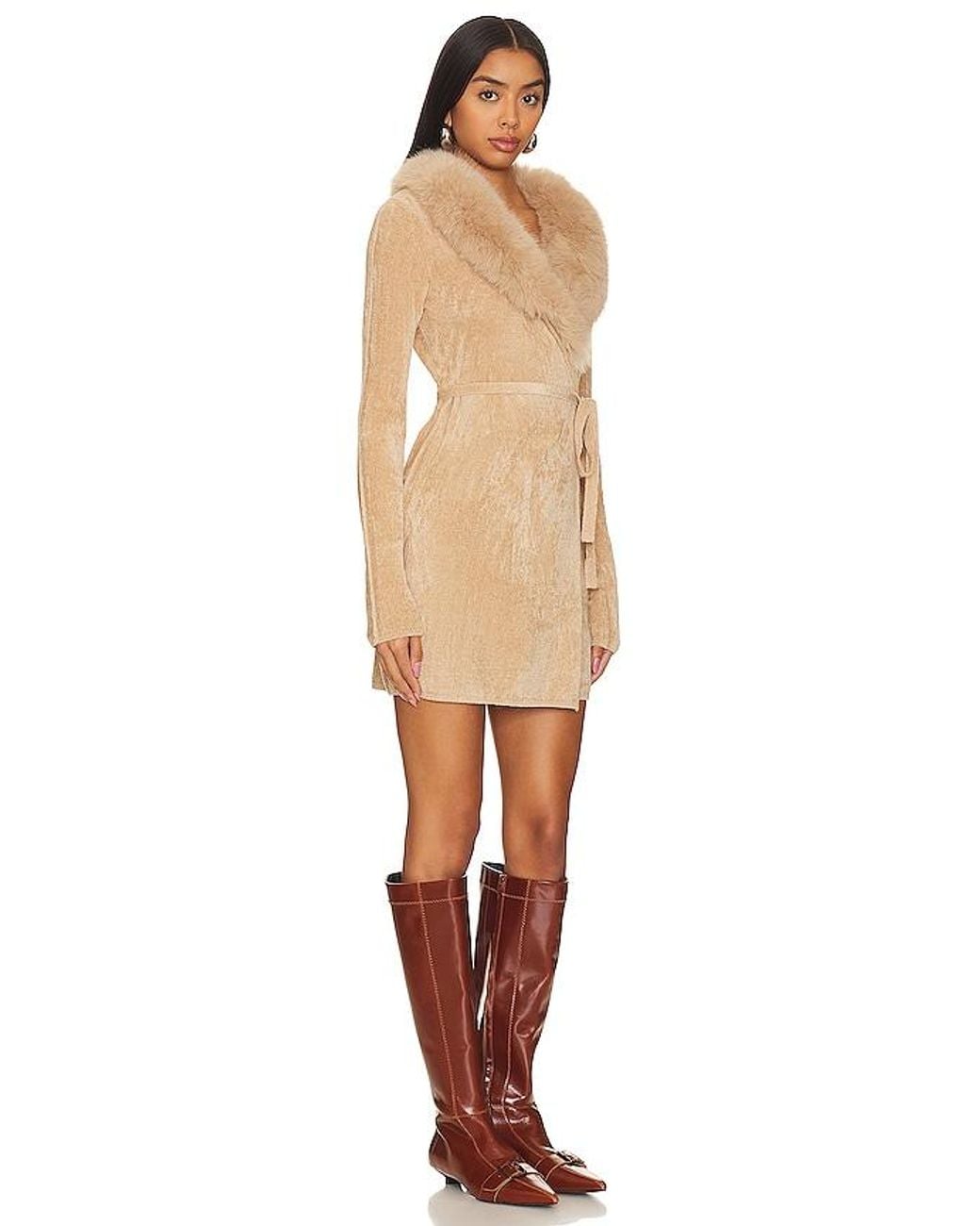 MAJORELLE Natural Candella Faux Fur Wrap Dress