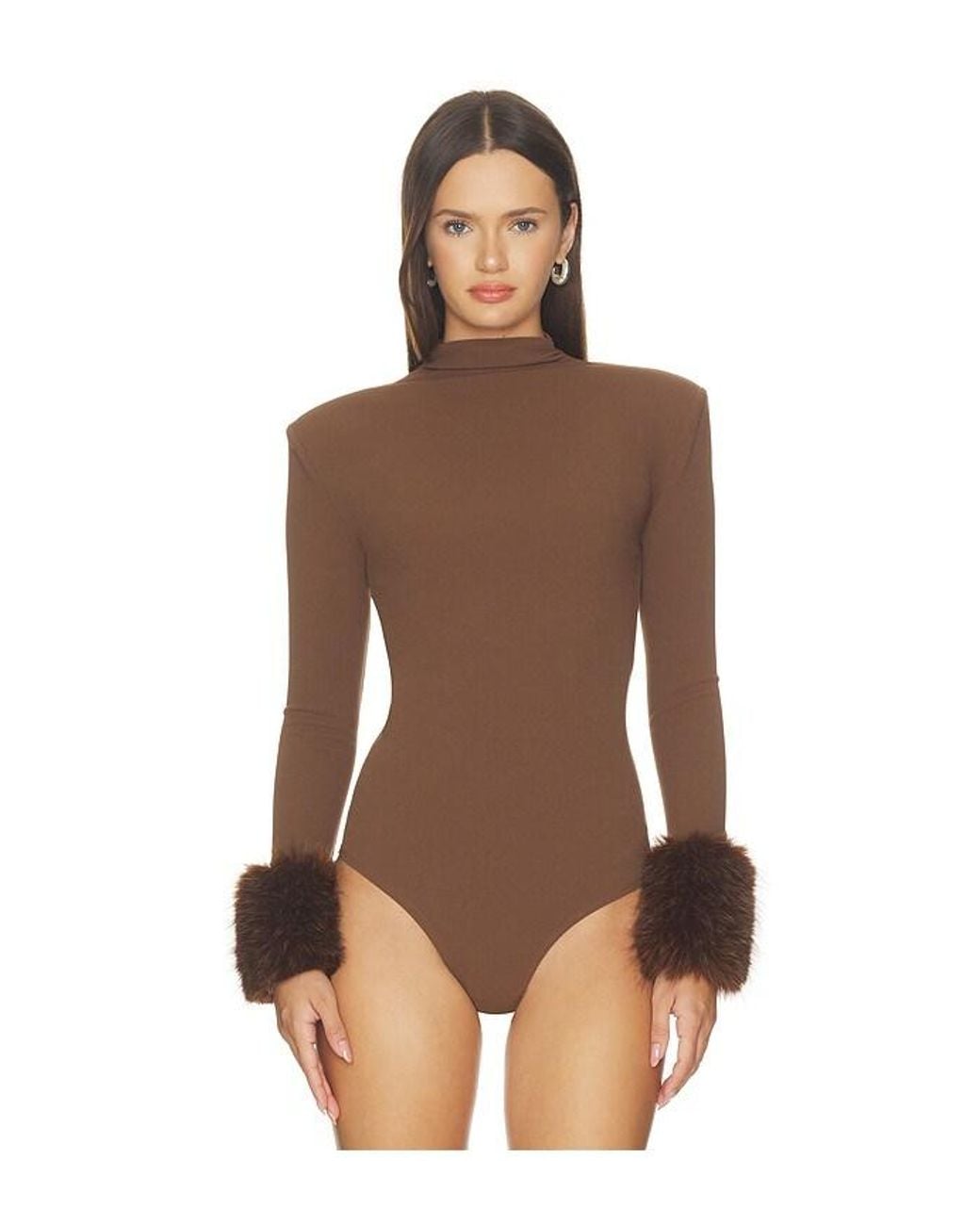 Bronx and Banco Brown Long Sleeve Bodysuit With Faux Fur Cuffs