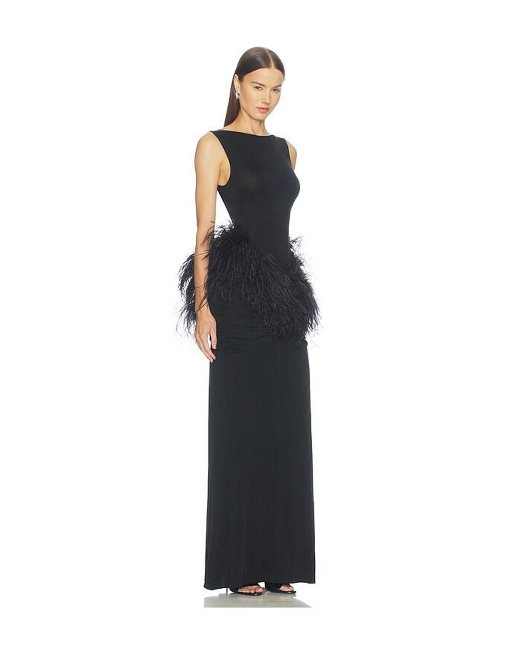LAPOINTE Blue Jersey Long Sleeve Shirred Hip Gown With Feathers