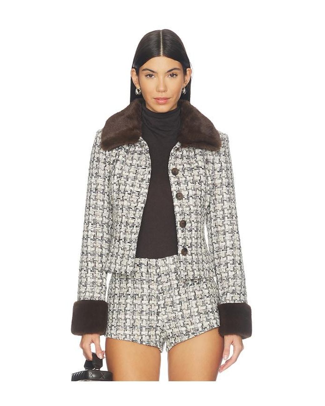 MAJORELLE White Ivette Faux Fur Trim Tweed Jacket