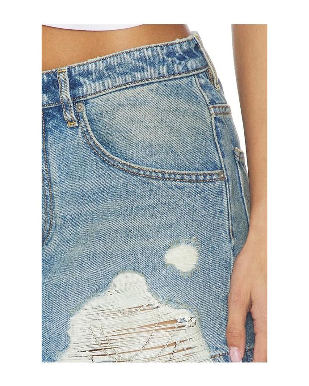 Area Blue Crystal Fray Denim Mini Skirt