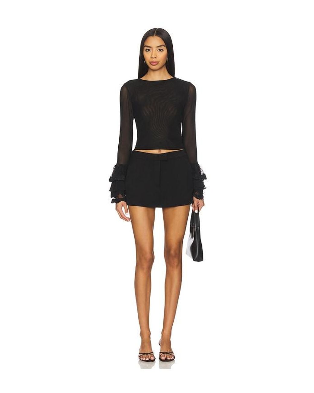 Alice + Olivia Black Delaina Long Sleeve Crop Top With Ruffle Cuff