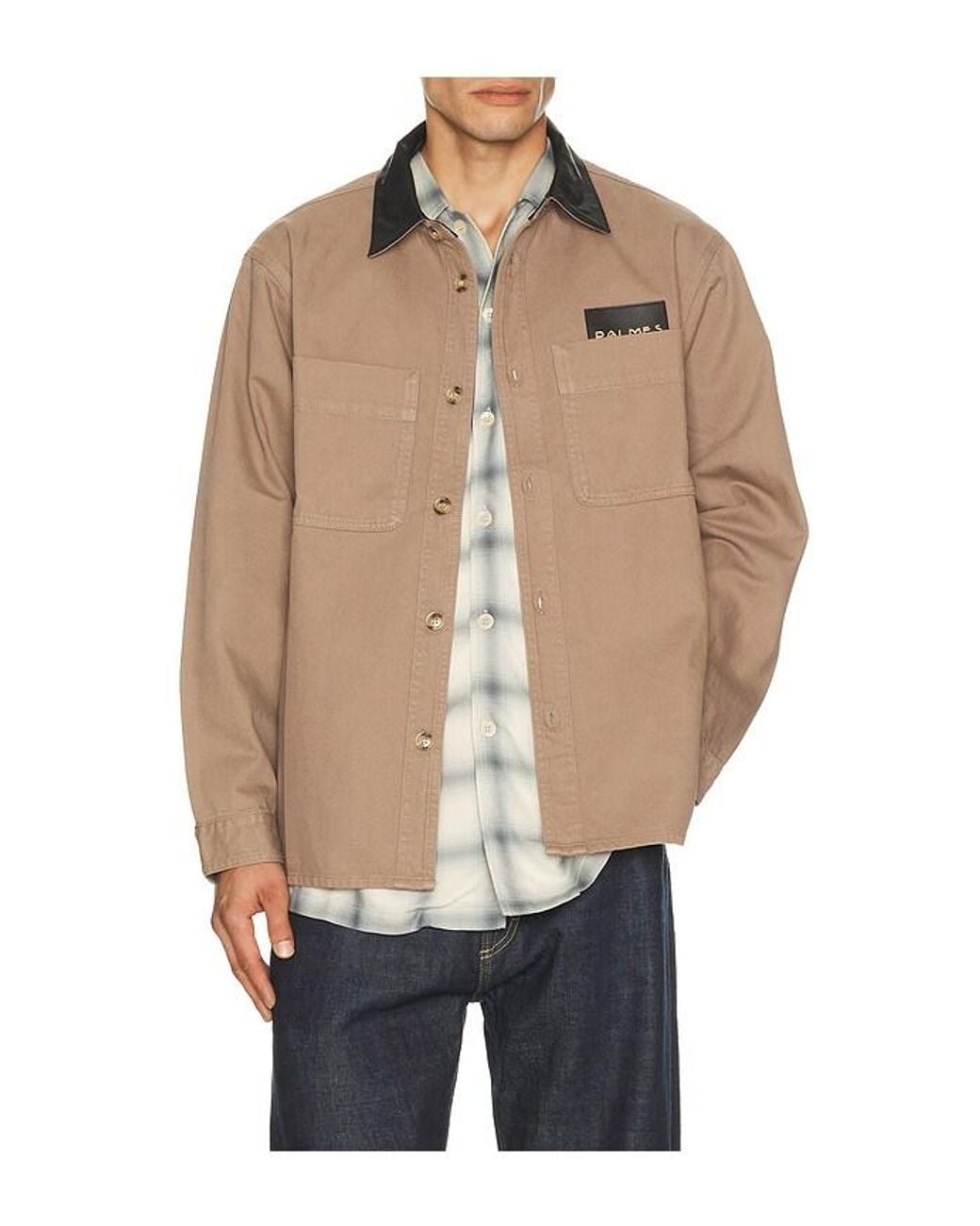 Palmes Blue Twill Leather Collar Overshirt for men