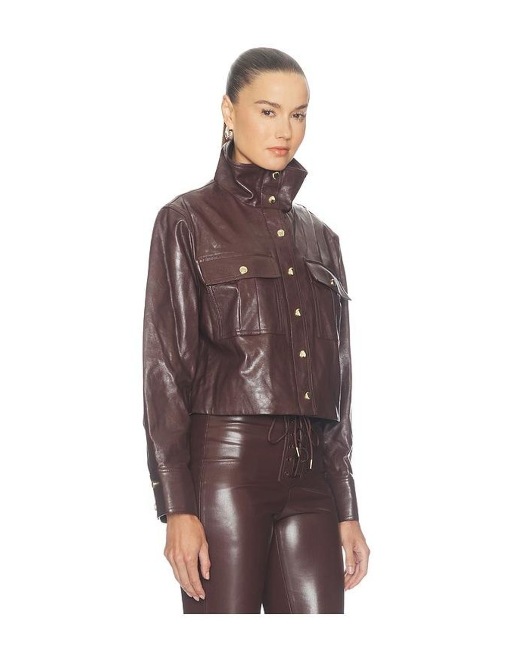 Alice + Olivia Brown James Faux Leather Cropped Longsleeve Funnel Neck Parka