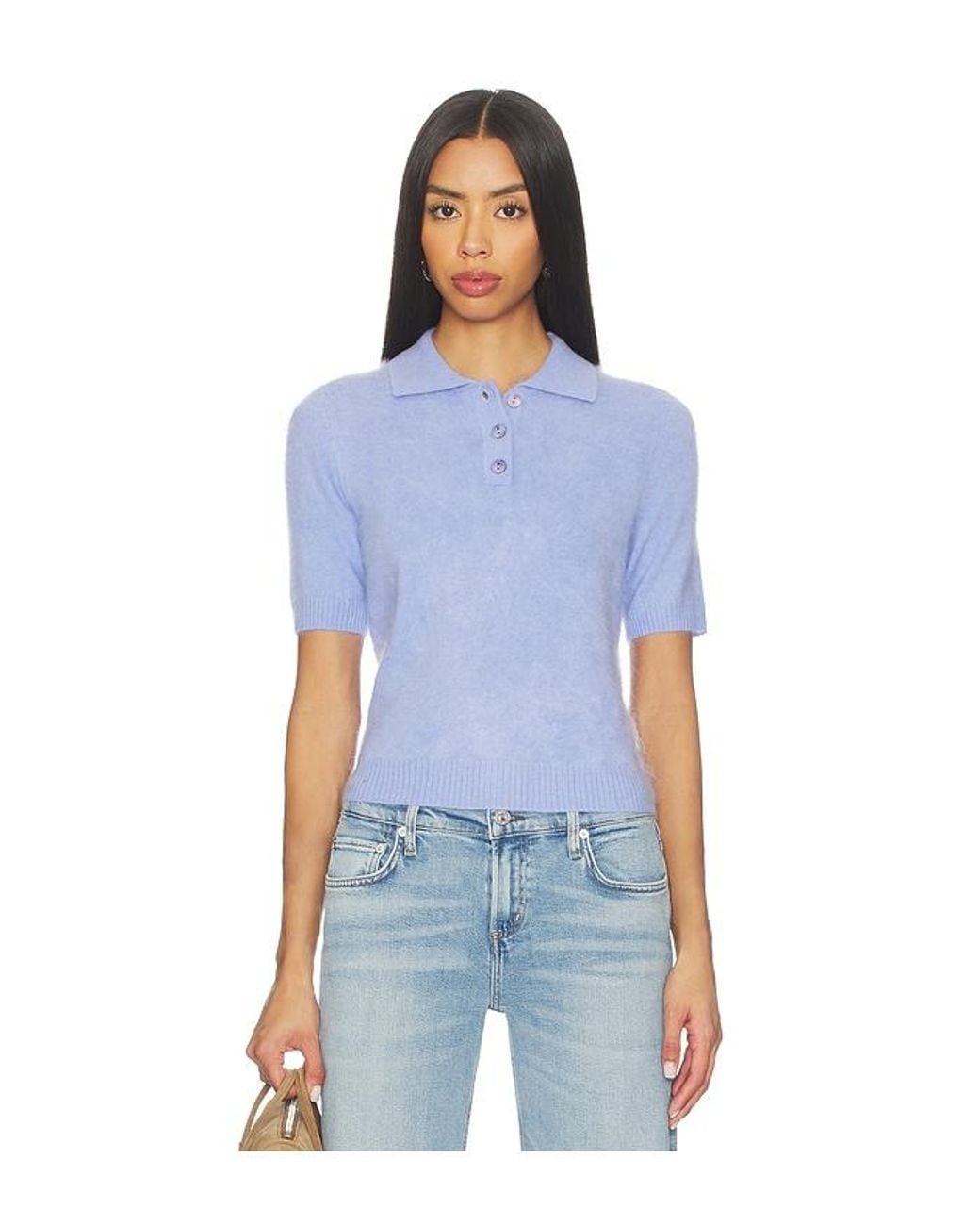 Autumn Cashmere Blue Solid Cropped Short Sleeve Polo