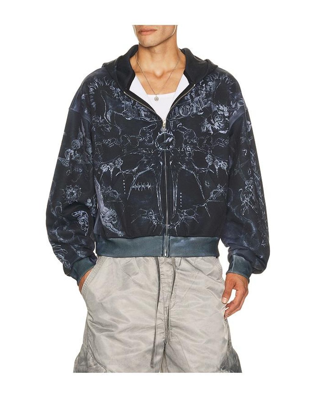 we11done Blue Tattoo Printed Zip Up Hoodie for men