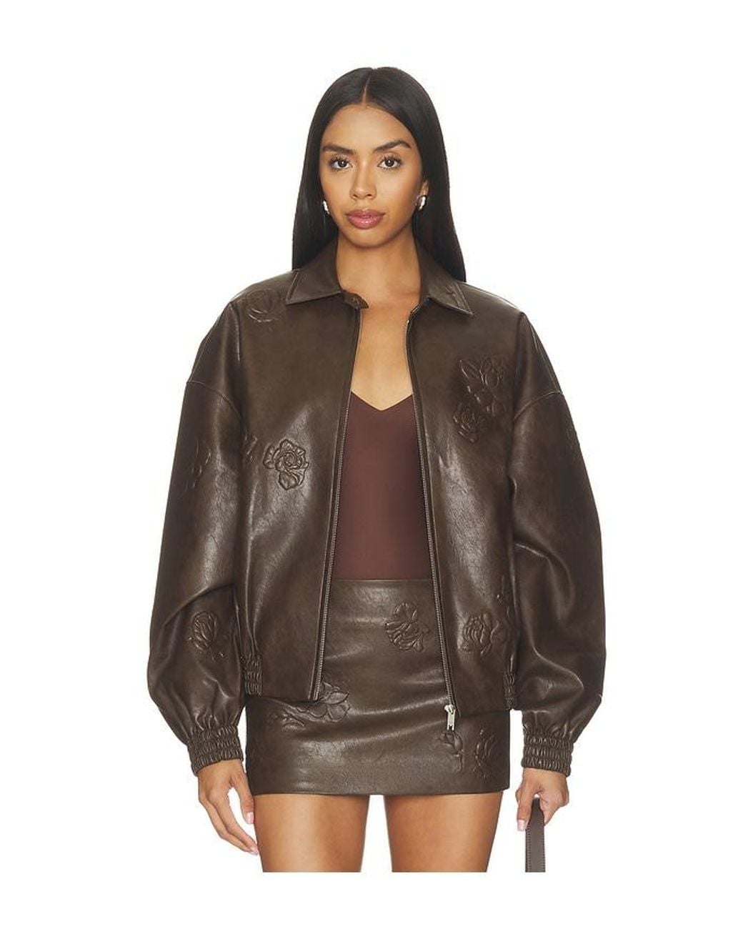 Markgong Brown Faux Leather Floral Imprinted Baseball Jacket