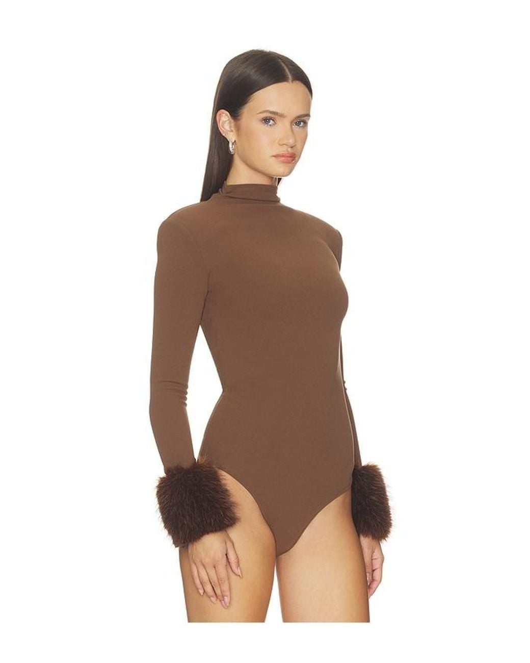 Bronx and Banco Brown Long Sleeve Bodysuit With Faux Fur Cuffs